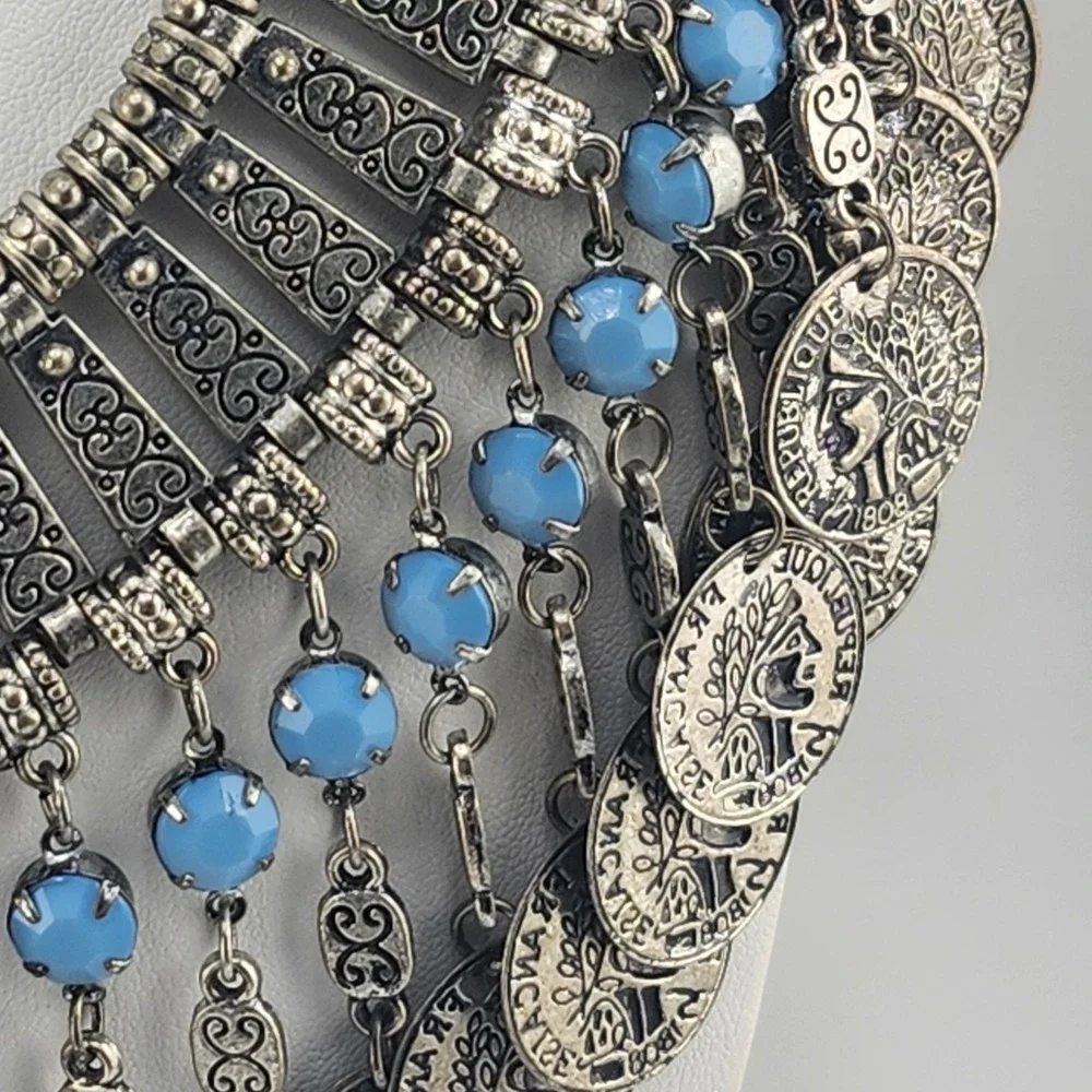 Republique Francaise SILVER Tone Faux Turquoise  Beads‎ Horns COINS NECKLACE